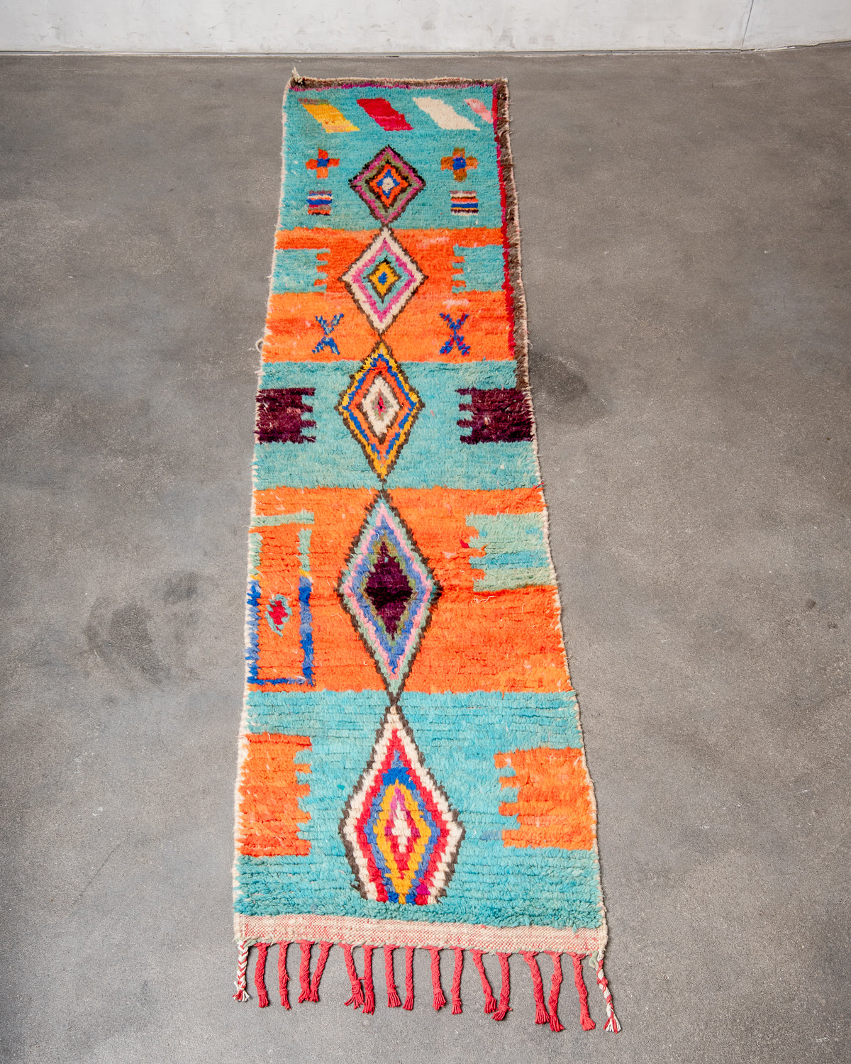 Modern, designer, handcrafted Berber runner rug from Morocco. Vintage carpet with beautiful colours and patterns and fluffy texture.